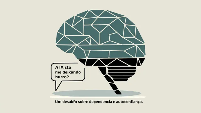 Ilustração de uma pessoa dividida entre digitar e observar uma tela com sugestões de IA