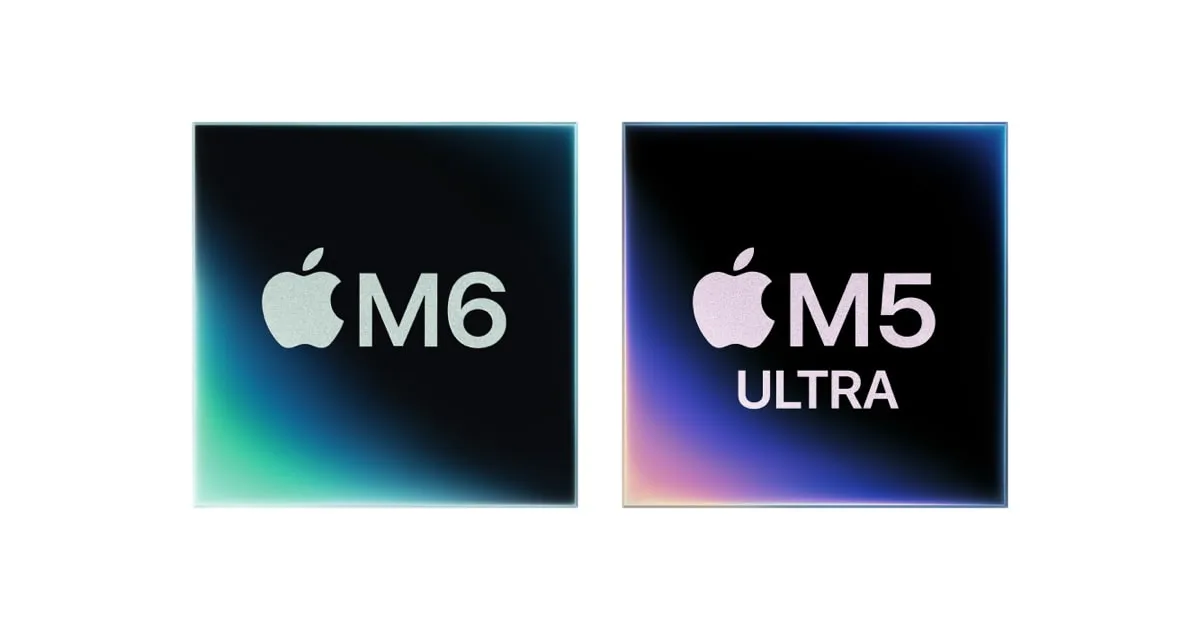 Ilustração editorial de chips Apple M6 e M5 Ultra em destaque