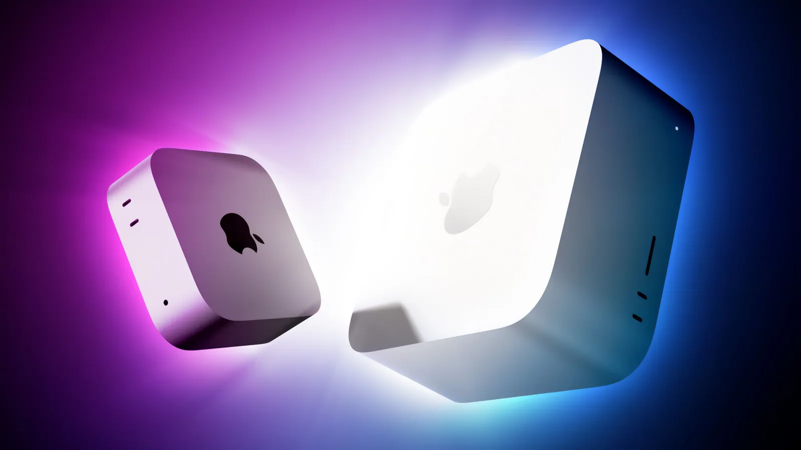 Ilustração editorial de Mac Mini e Mac Studio em ambiente corporativo focado em IA