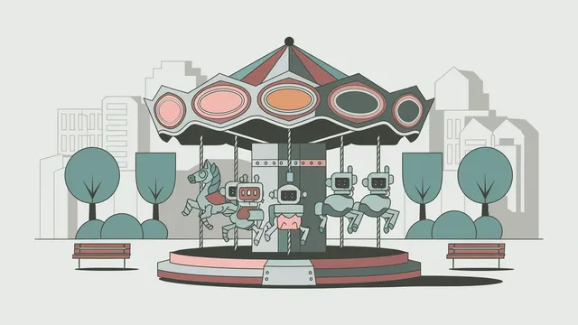 Ilustração editorial de um chatbot em destaque no canto de uma página web