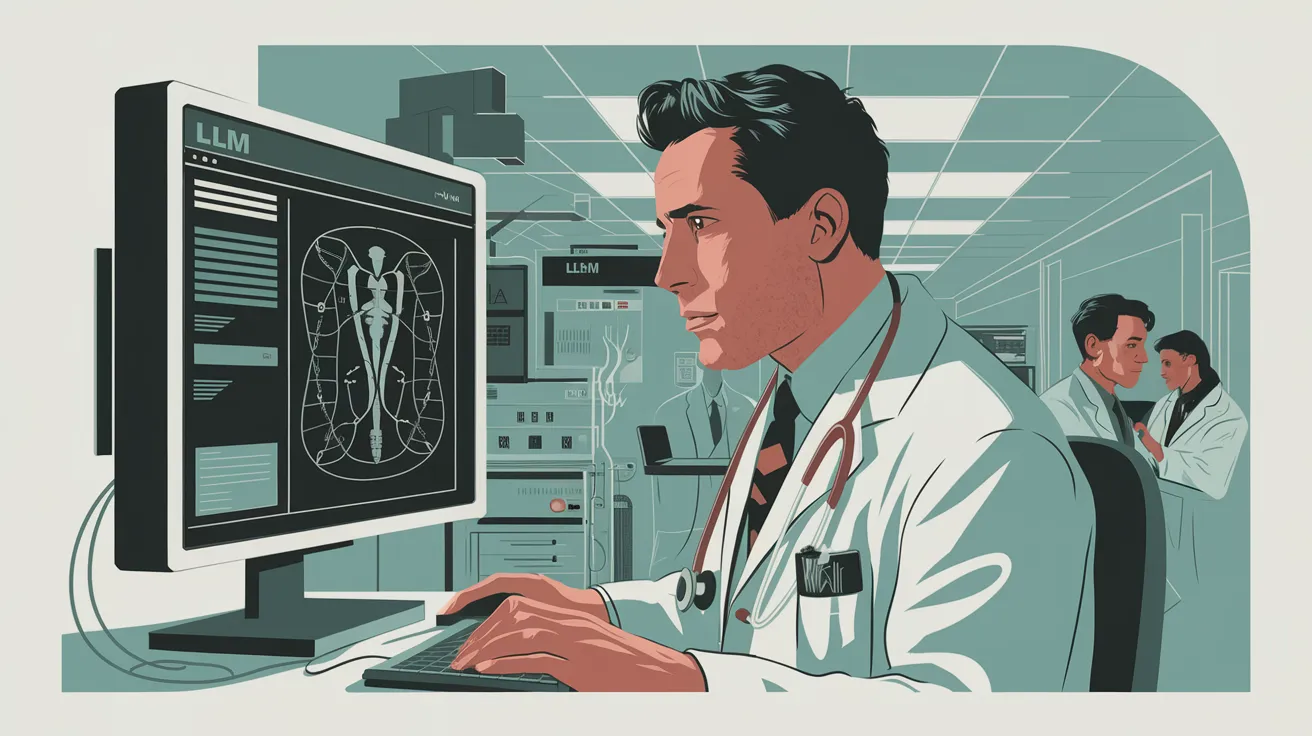 Ilustração de um ambiente hospitalar simulado com agentes de IA interagindo com prontuários médicos