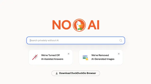 Interface do DuckDuckGo destacando busca sem IA em navegador