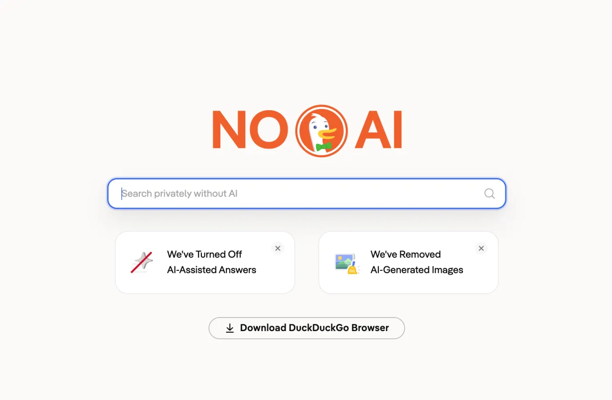 Interface do DuckDuckGo destacando busca sem IA em navegador