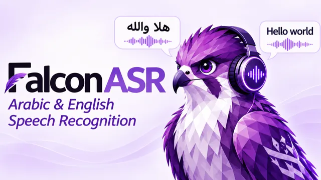 Ilustração editorial de ondas sonoras e texto em árabe, destacando o Falcon ASR