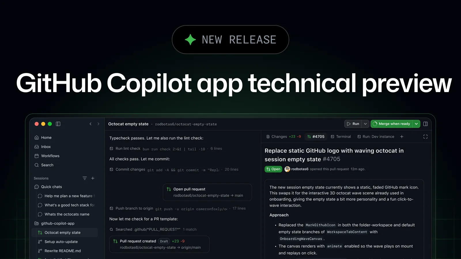 Interface do GitHub Copilot app mostrando sessões e integração com pull requests
