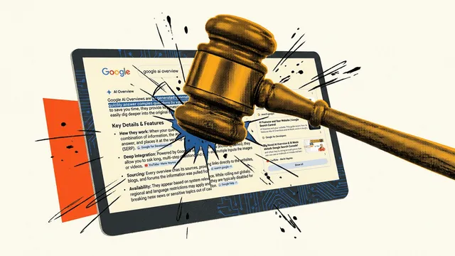 Cena de tribunal com logotipo do Google e referências à inteligência artificial
