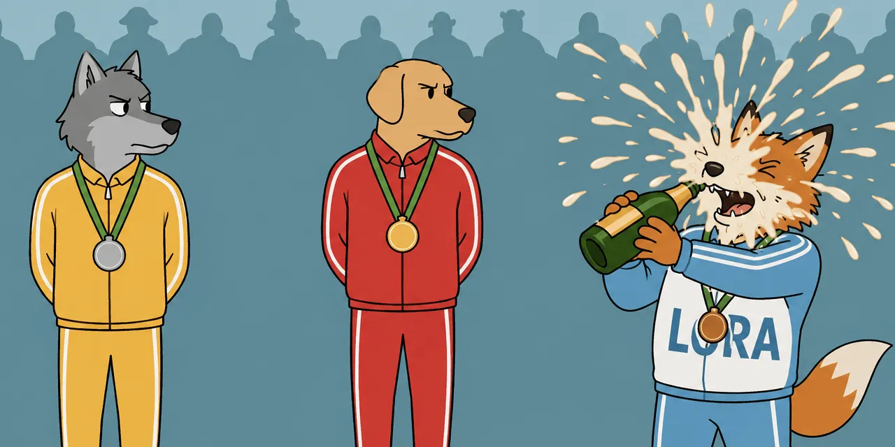 Ilustração editorial com múltiplos caminhos de fine-tuning em modelos de IA, destacando LoRA e alternativas