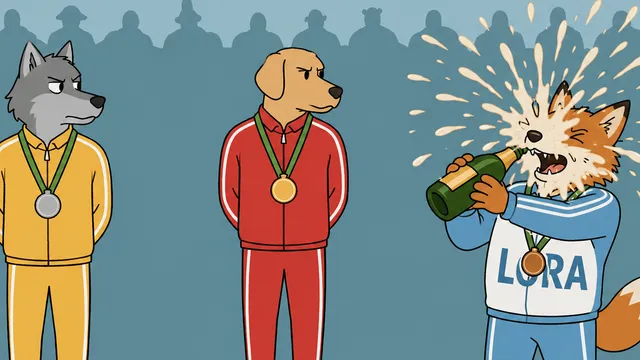 Ilustração editorial com múltiplos caminhos de fine-tuning em modelos de IA, destacando LoRA e alternativas
