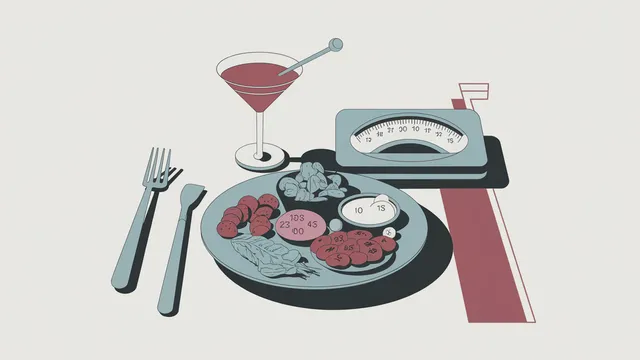 Ilustração editorial mostrando pratos de comida e estimativas de carboidratos variáveis por IA