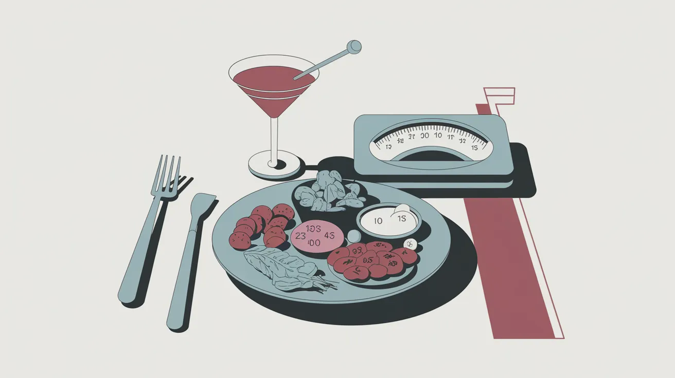Ilustração editorial mostrando pratos de comida e estimativas de carboidratos variáveis por IA