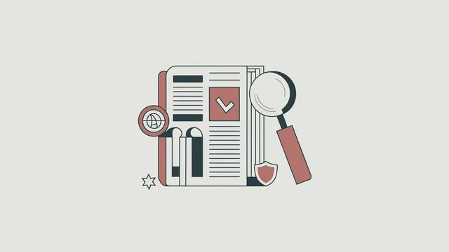 Ilustração editorial de uma mesa com documentos e gráficos sobre avaliações de IA