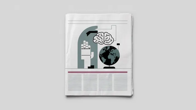 Ilustração editorial representando jovens utilizando IA em ambiente educacional, com símbolos de proteção e colaboração internacional