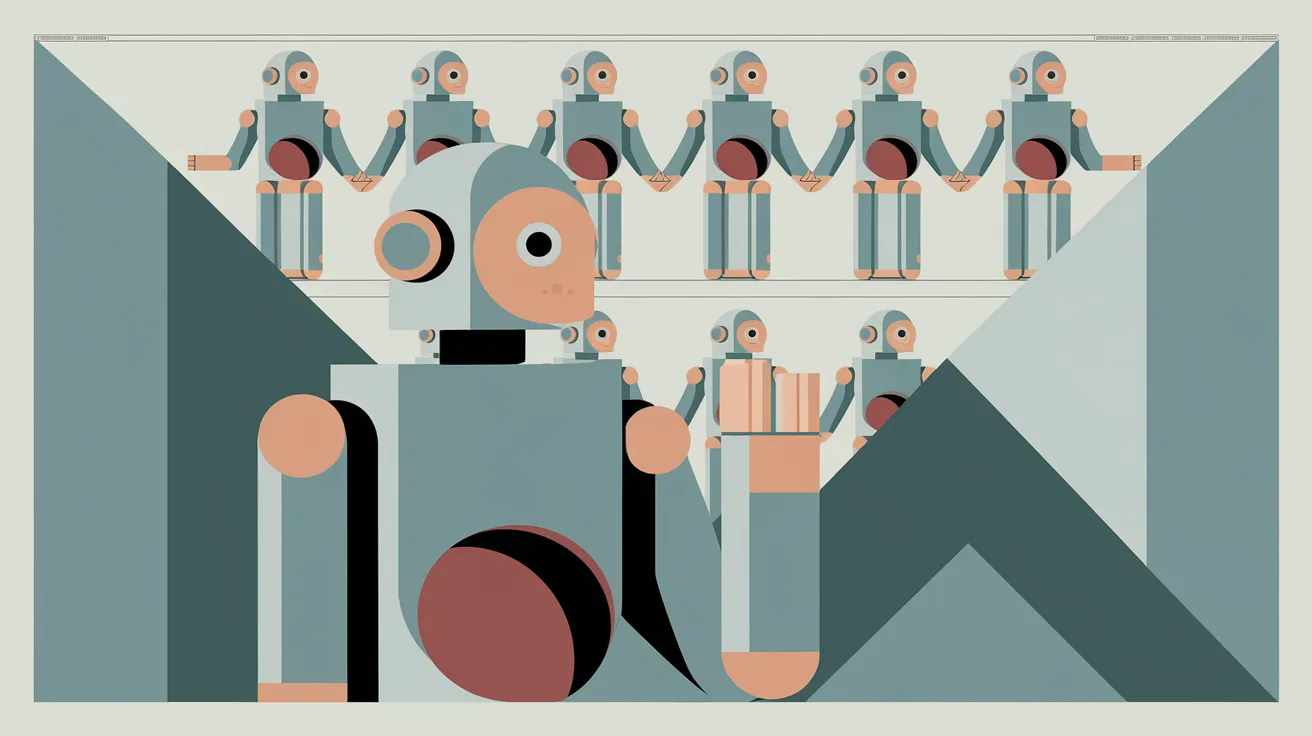 Ilustração de uma pessoa diante de tarefas e uma IA ao fundo, simbolizando apoio e dependência