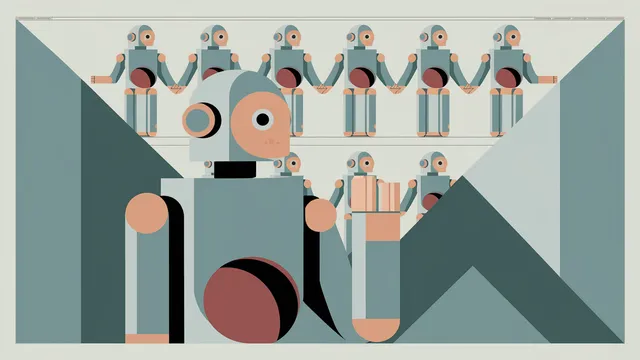 Ilustração de uma pessoa diante de tarefas e uma IA ao fundo, simbolizando apoio e dependência