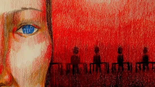 Ilustração editorial de uma universidade tomada por padrões repetitivos e estudantes apáticos