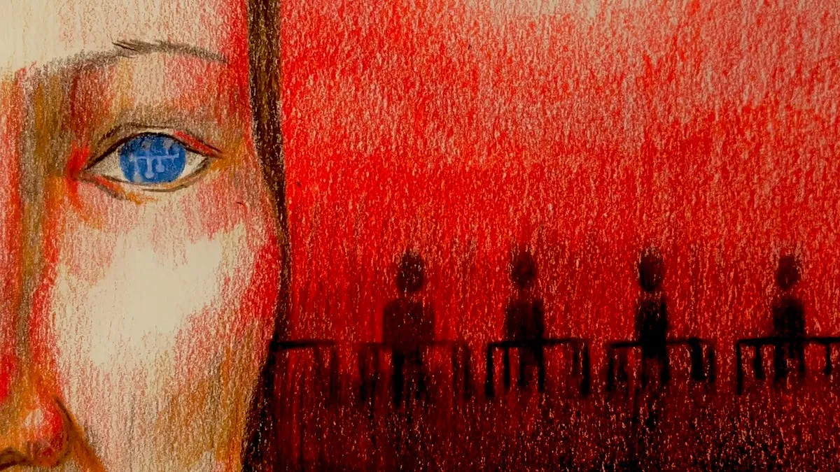 Ilustração editorial de uma universidade tomada por padrões repetitivos e estudantes apáticos